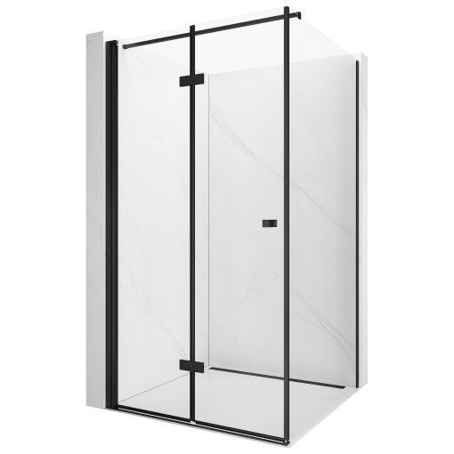 HD Felix "F" Black 120x70 aszimmetrikus szögletes összecsukható nyílóajtós zuhanykabin 6 mm vastag vízlepergető biztonsági üveggel, fekete elemekkel, 195 cm magas
