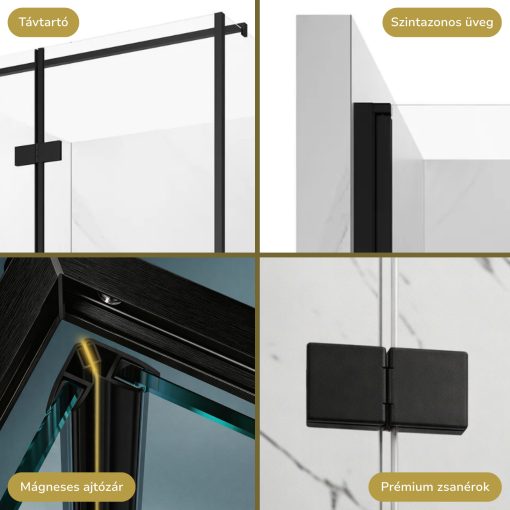 HD Felix "F" Black 120x70 aszimmetrikus szögletes összecsukható nyílóajtós zuhanykabin 6 mm vastag vízlepergető biztonsági üveggel, fekete elemekkel, 195 cm magas