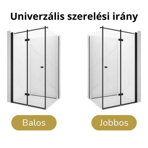 HD Felix "F" Black 120x70 aszimmetrikus szögletes összecsukható nyílóajtós zuhanykabin 6 mm vastag vízlepergető biztonsági üveggel, fekete elemekkel, 195 cm magas