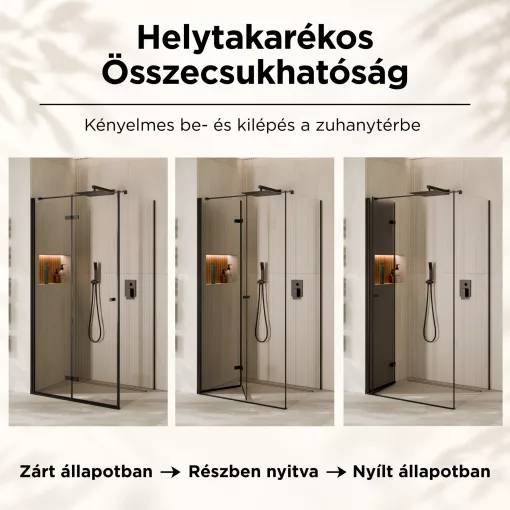 HD Felix "F" Black aszimmetrikus szögletes összecsukható nyílóajtós zuhanykabin 6 mm vastag vízlepergető biztonsági üveggel, fekete elemekkel, 195 cm magas