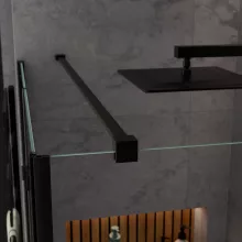 HD Felix "F" Black aszimmetrikus szögletes összecsukható nyílóajtós zuhanykabin 6 mm vastag vízlepergető biztonsági üveggel, fekete elemekkel, 195 cm magas