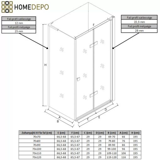 HD Felix "L" Black 70x100 aszimmetrikus szögletes összecsukható nyílóajtós zuhanykabin 6 mm vastag vízlepergető biztonsági üveggel, fekete elemekkel, 195 cm magas