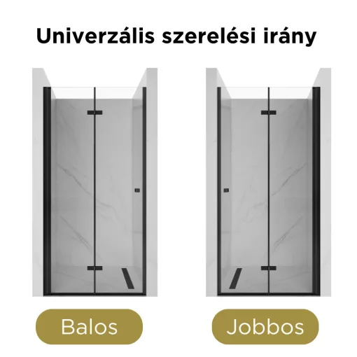 HD Felix Black 70/80/90/100/110 cm széles összecsukható zuhanyajtó 6 mm vastag vízlepergető biztonsági üveggel, fekete elemekkel, 195 cm magas