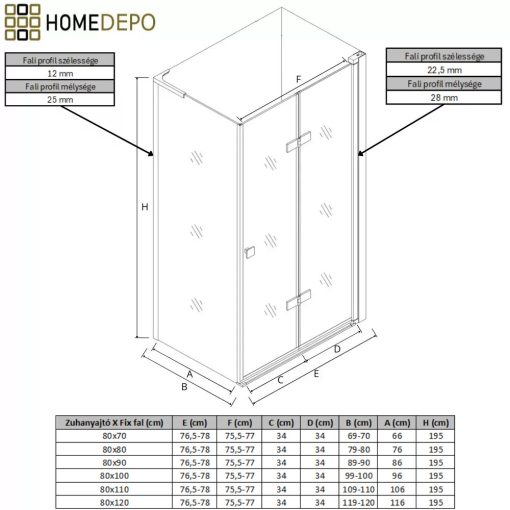 HD Felix "L" Black 80x110 aszimmetrikus szögletes összecsukható nyílóajtós zuhanykabin 6 mm vastag vízlepergető biztonsági üveggel, fekete elemekkel, 195 cm magas