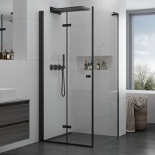 HD Felix "L" Black 90x70 aszimmetrikus szögletes összecsukható nyílóajtós zuhanykabin 6 mm vastag vízlepergető biztonsági üveggel, fekete elemekkel, 195 cm magas