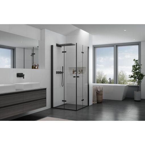 HD Felix Duo Black 100x70 aszimmetrikus szögletes összecsukható nyílóajtós zuhanykabin 6 mm vastag vízlepergető biztonsági üveggel, fekete elemekkel, 195 cm magas