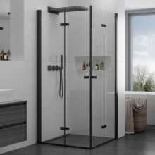HD Felix Duo Black 120x90 aszimmetrikus szögletes összecsukható nyílóajtós zuhanykabin 6 mm vastag vízlepergető biztonsági üveggel, fekete elemekkel, 195 cm magas