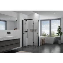HD Felix Duo Black 120x90 aszimmetrikus szögletes összecsukható nyílóajtós zuhanykabin 6 mm vastag vízlepergető biztonsági üveggel, fekete elemekkel, 195 cm magas