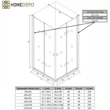 HD Felix Duo Black 120x90 aszimmetrikus szögletes összecsukható nyílóajtós zuhanykabin 6 mm vastag vízlepergető biztonsági üveggel, fekete elemekkel, 195 cm magas