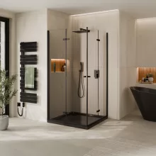 HD Felix Duo Black szögletes összecsukható nyílóajtós zuhanykabin 6 mm vastag vízlepergető biztonsági üveggel, fekete elemekkel, 195 cm magas