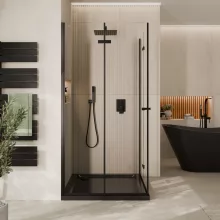 HD Felix Duo Black szögletes összecsukható nyílóajtós zuhanykabin 6 mm vastag vízlepergető biztonsági üveggel, fekete elemekkel, 195 cm magas