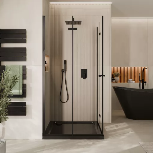 HD Felix Duo Black szögletes összecsukható nyílóajtós zuhanykabin 6 mm vastag vízlepergető biztonsági üveggel, fekete elemekkel, 195 cm magas