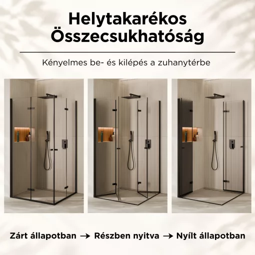 HD Felix Duo Black szögletes összecsukható nyílóajtós zuhanykabin 6 mm vastag vízlepergető biztonsági üveggel, fekete elemekkel, 195 cm magas