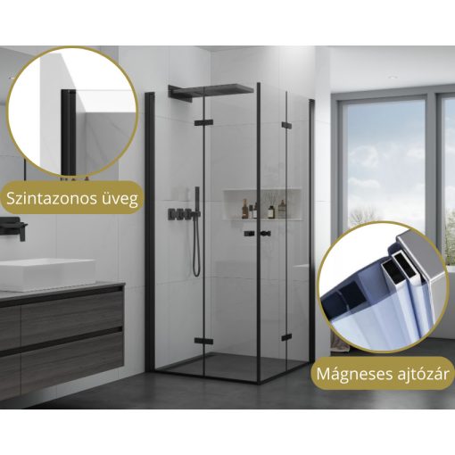 HD Felix Duo Black 70x100 aszimmetrikus szögletes összecsukható nyílóajtós zuhanykabin 6 mm vastag vízlepergető biztonsági üveggel, fekete elemekkel, 195 cm magas
