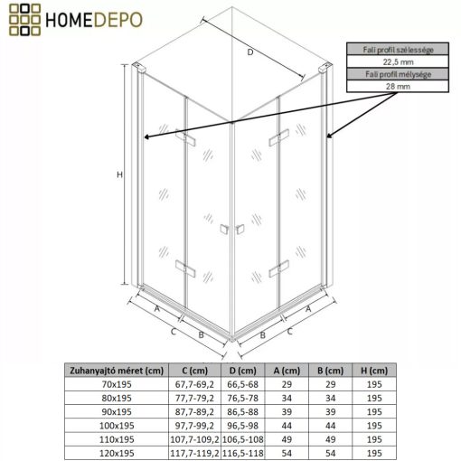 HD Felix Duo Black 70x100 aszimmetrikus szögletes összecsukható nyílóajtós zuhanykabin 6 mm vastag vízlepergető biztonsági üveggel, fekete elemekkel, 195 cm magas