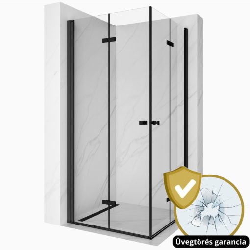 HD Felix Duo Black 80x70 aszimmetrikus szögletes összecsukható nyílóajtós zuhanykabin 6 mm vastag vízlepergető biztonsági üveggel, fekete elemekkel, 195 cm magas