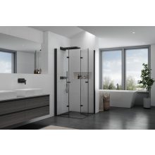 HD Felix Duo Black 80x70 aszimmetrikus szögletes összecsukható nyílóajtós zuhanykabin 6 mm vastag vízlepergető biztonsági üveggel, fekete elemekkel, 195 cm magas