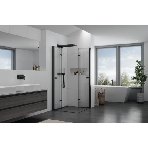 HD Felix Duo Black 80x70 aszimmetrikus szögletes összecsukható nyílóajtós zuhanykabin 6 mm vastag vízlepergető biztonsági üveggel, fekete elemekkel, 195 cm magas
