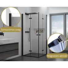 HD Felix Duo Black 80x70 aszimmetrikus szögletes összecsukható nyílóajtós zuhanykabin 6 mm vastag vízlepergető biztonsági üveggel, fekete elemekkel, 195 cm magas