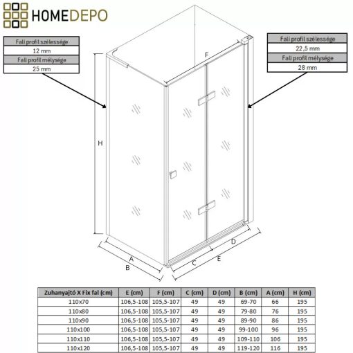 HD Felix "L" 110x110 aszimmetrikus szögletes összecsukható nyílóajtós zuhanykabin 6 mm vastag vízlepergető biztonsági üveggel, krómozott elemekkel, 195 cm magas