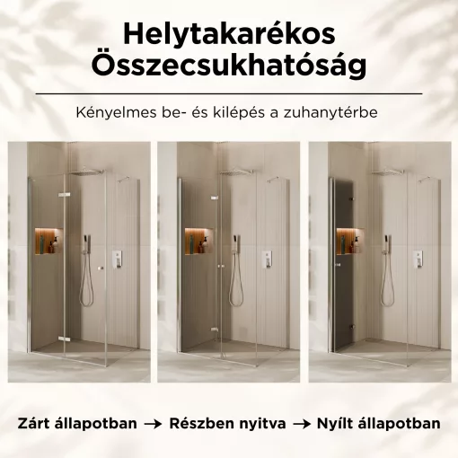 HD Felix "S" szögletes összecsukható nyílóajtós zuhanykabin 6 mm vastag vízlepergető biztonsági üveggel, krómozott elemekkel, 195 cm magas