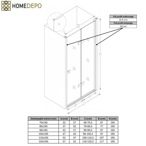 HD Felix 70/80/90/100/110 cm széles összecsukható zuhanyajtó 6 mm vastag vízlepergető biztonsági üveggel, krómozott elemekkel, 195 cm magas