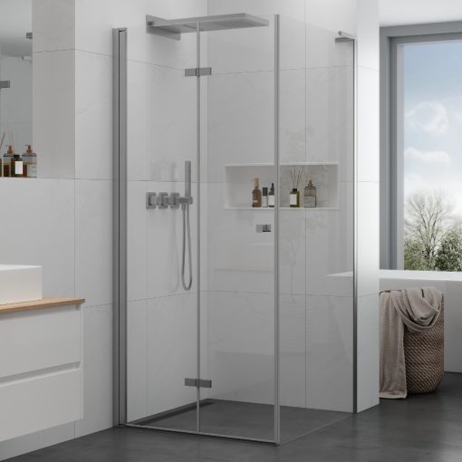 HD Felix "L" 80x70 aszimmetrikus szögletes összecsukható nyílóajtós zuhanykabin 6 mm vastag vízlepergető biztonsági üveggel, krómozott elemekkel, 195 cm magas