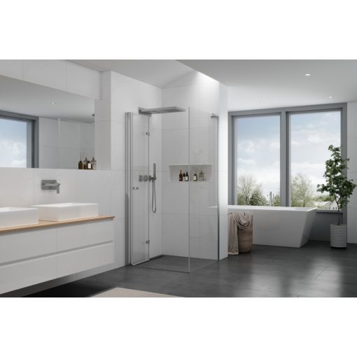 HD Felix "L" 90x100 aszimmetrikus szögletes összecsukható nyílóajtós zuhanykabin 6 mm vastag vízlepergető biztonsági üveggel, krómozott elemekkel, 195 cm magas