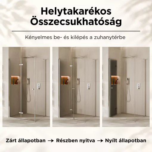 HD Felix "L" 90x70 aszimmetrikus szögletes összecsukható nyílóajtós zuhanykabin 6 mm vastag vízlepergető biztonsági üveggel, krómozott elemekkel, 195 cm magas