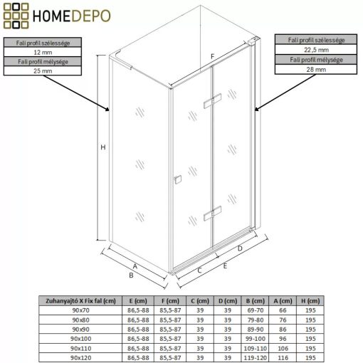 HD Felix "L" 90x100 aszimmetrikus szögletes összecsukható nyílóajtós zuhanykabin 6 mm vastag vízlepergető biztonsági üveggel, krómozott elemekkel, 195 cm magas