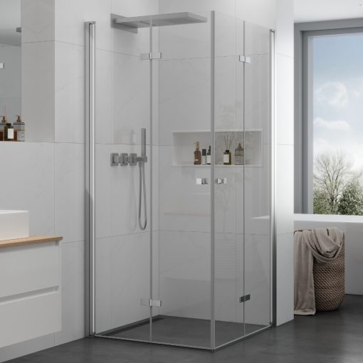 HD Felix Duo 100x120 aszimmetrikus szögletes összecsukható nyílóajtós zuhanykabin 6 mm vastag vízlepergető biztonsági üveggel, krómozott elemekkel, 195 cm magas