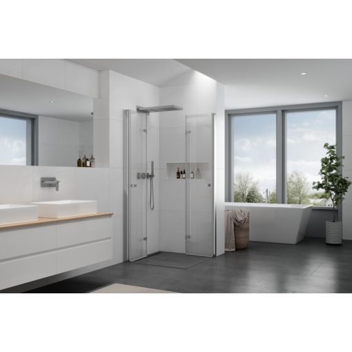 HD Felix Duo 100x120 aszimmetrikus szögletes összecsukható nyílóajtós zuhanykabin 6 mm vastag vízlepergető biztonsági üveggel, krómozott elemekkel, 195 cm magas