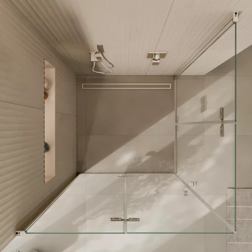 HD Felix Duo aszimmetrikus szögletes összecsukható nyílóajtós zuhanykabin 6 mm vastag vízlepergető biztonsági üveggel, krómozott elemekkel, 195 cm magas