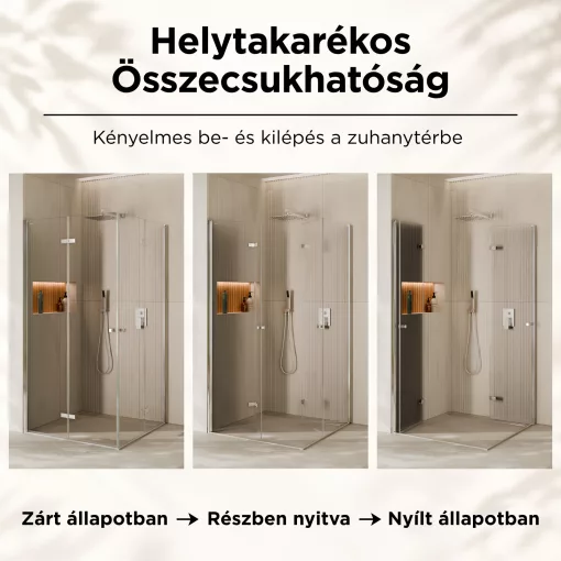 HD Felix Duo aszimmetrikus szögletes összecsukható nyílóajtós zuhanykabin 6 mm vastag vízlepergető biztonsági üveggel, krómozott elemekkel, 195 cm magas
