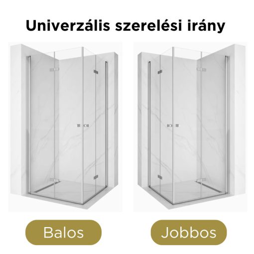 HD Felix Duo 80x70 aszimmetrikus szögletes összecsukható nyílóajtós zuhanykabin 6 mm vastag vízlepergető biztonsági üveggel, krómozott elemekkel, 195 cm magas