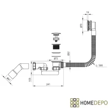 HD Flow Chrome Click-clack slim kádszifon szett, 57 cm hosszú, krómozott fém elemekkel