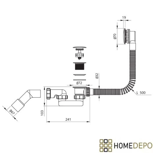 HD Flow Brushed Copper Click-clack slim kádszifon szett, 57 cm hosszú, szálcsiszolt réz színű fém elemekkel