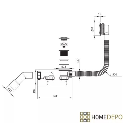 HD Flow Glossy Gold Click-clack slim kádszifon szett, 57 cm hosszú, fényes arany színű fém elemekkel