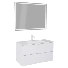 HD Palermo Matt White 100 komplett fürdőszoba bútor fali mosdószekrénnyel, matt fehér fogantyúkkal, fényes fehér slim mosdóval és tükörrel