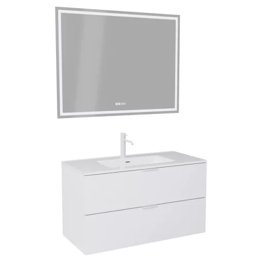 HD Palermo Matt White 100 komplett fürdőszoba bútor fali mosdószekrénnyel, matt fehér fogantyúkkal, fényes fehér slim mosdóval és tükörrel