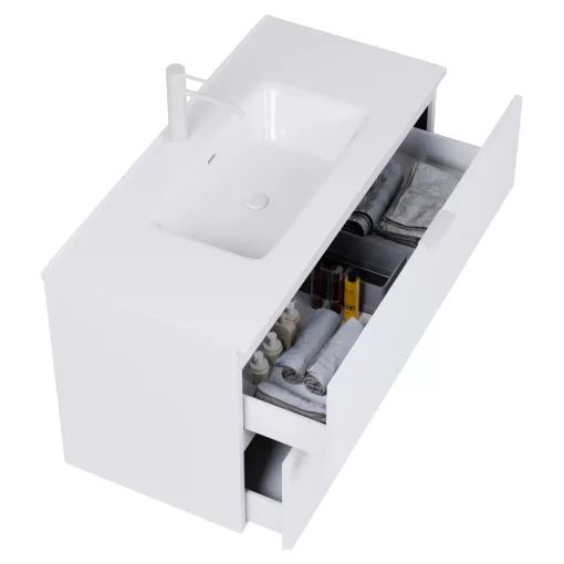 HD Palermo Matt White 100 komplett fürdőszoba bútor fali mosdószekrénnyel, matt fehér fogantyúkkal, fényes fehér slim mosdóval és tükörrel