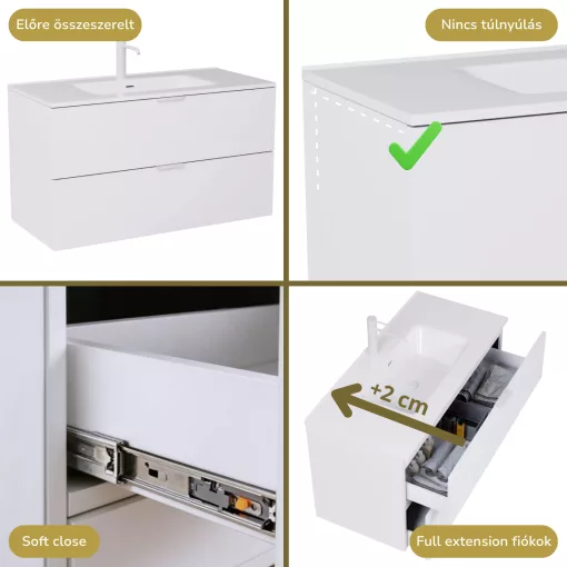 HD Palermo Matt White 100 komplett fürdőszoba bútor fali mosdószekrénnyel, matt fehér fogantyúkkal, fényes fehér slim mosdóval és tükörrel