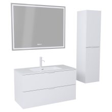 HD Palermo Matt White 100 komplett fürdőszoba bútor szett fali mosdószekrénnyel, matt fehér fogantyúkkal, fényes fehér slim mosdóval, tükörrel és magasszekrénnyel