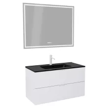 HD Palermo Matt White 100 komplett fürdőszoba bútor fali mosdószekrénnyel, matt fehér fogantyúkkal, matt fekete slim mosdóval és tükörrel