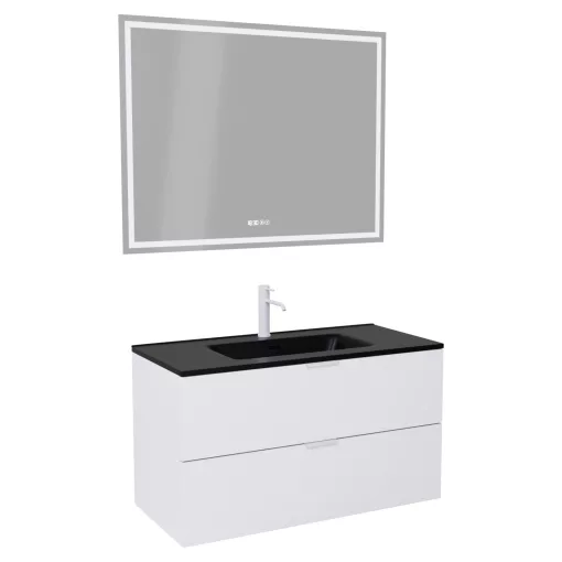 HD Palermo Matt White 100 komplett fürdőszoba bútor fali mosdószekrénnyel, matt fehér fogantyúkkal, matt fekete slim mosdóval és tükörrel