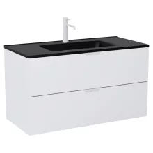 HD Palermo Matt White 100 komplett fürdőszoba bútor fali mosdószekrénnyel, matt fehér fogantyúkkal, matt fekete slim mosdóval és tükörrel