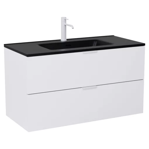 HD Palermo Matt White 100 komplett fürdőszoba bútor fali mosdószekrénnyel, matt fehér fogantyúkkal, matt fekete slim mosdóval és tükörrel