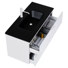 HD Palermo Matt White 100 komplett fürdőszoba bútor fali mosdószekrénnyel, matt fehér fogantyúkkal, matt fekete slim mosdóval és tükörrel