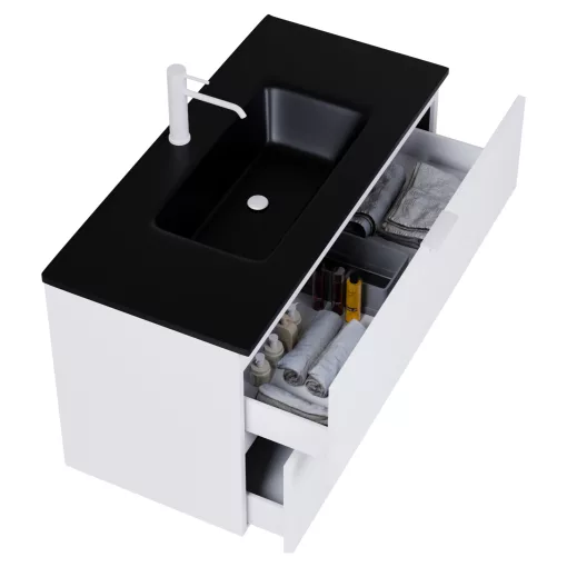 HD Palermo Matt White 100 komplett fürdőszoba bútor fali mosdószekrénnyel, matt fehér fogantyúkkal, matt fekete slim mosdóval és tükörrel