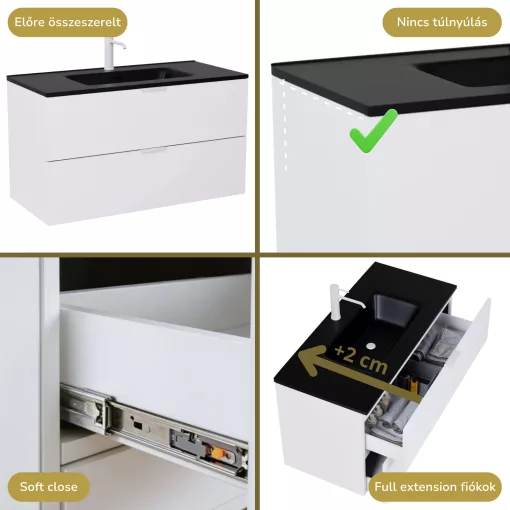 HD Palermo Matt White 100 komplett fürdőszoba bútor fali mosdószekrénnyel, matt fehér fogantyúkkal, matt fekete slim mosdóval és tükörrel